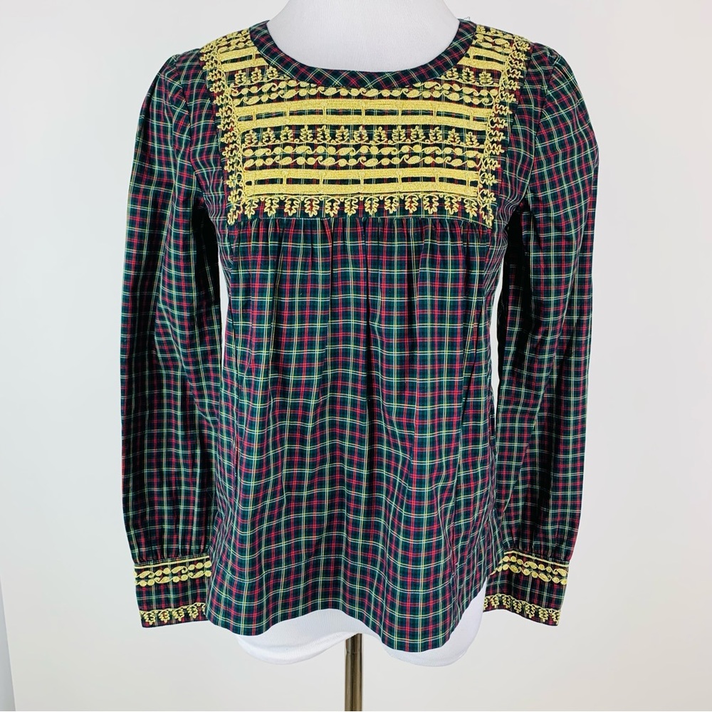 J. Crew Plaid Gold Embroidered Top XXS